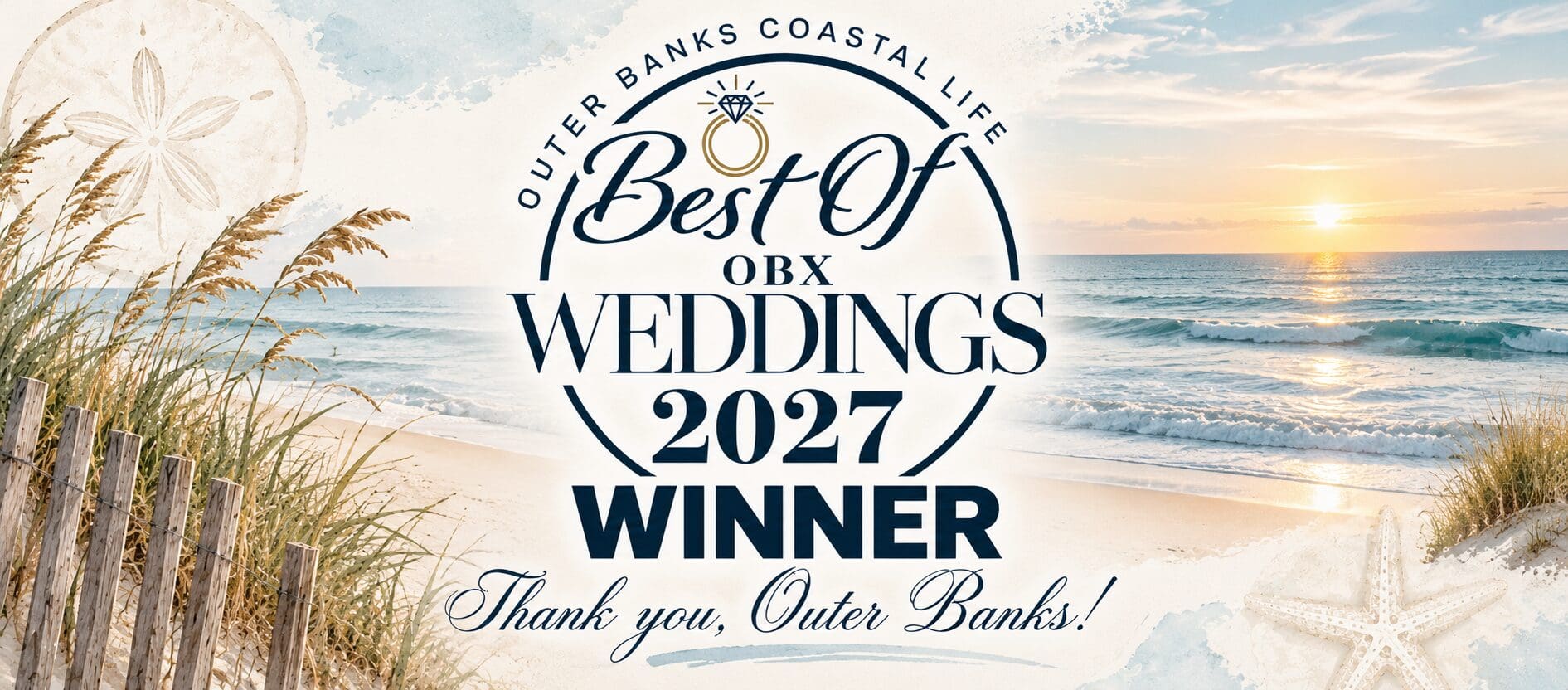 Award badge reading "Best of OBX Weddings 2027 Winner, Thank you, Outer Banks!" over a beach scene with sea oats, sand dunes, and a sunset.